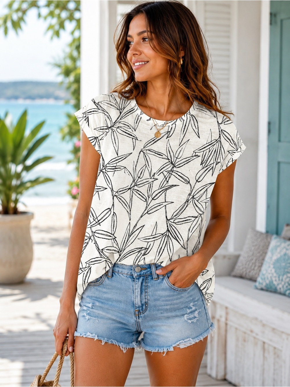 100% Linen Botanical Leaf Print Top Ivory Black Coastal Summer M Cynthia Rowley